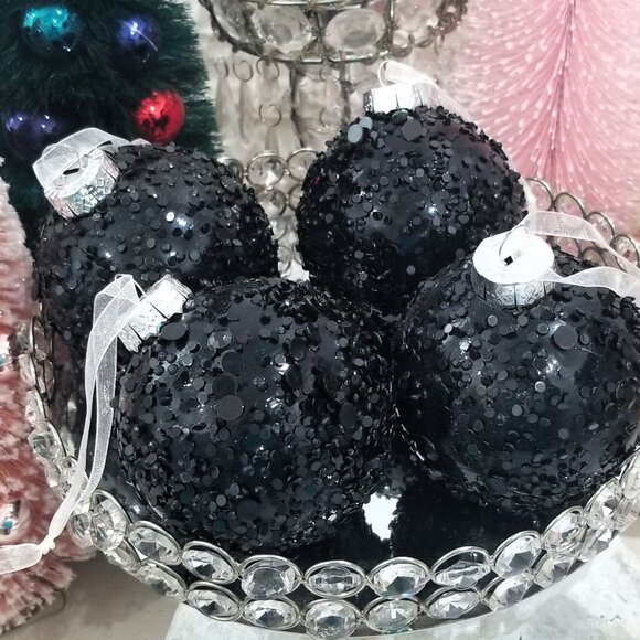 Jeweled Black Glass Christmas Ornament Balls - Bling Rhinestone - Picture 1 of 2